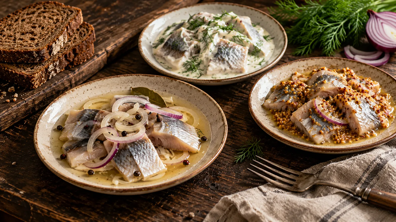 An illustrative herring table with dill, onion and rye bread